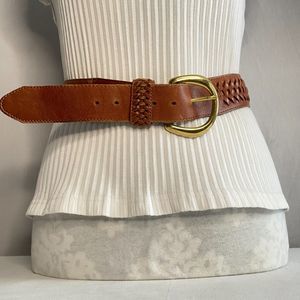 Lands End 506 Unisex Belt 32 Waist Woven Center Copper Brown Leather